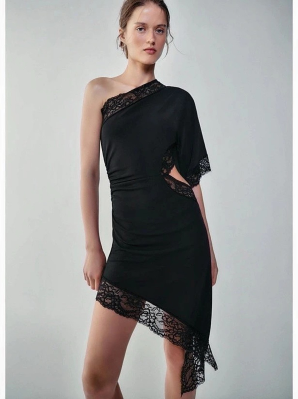 Zara Asymmetric Lace Dress Lace Trim Asymmetrical Dress in Black Like New